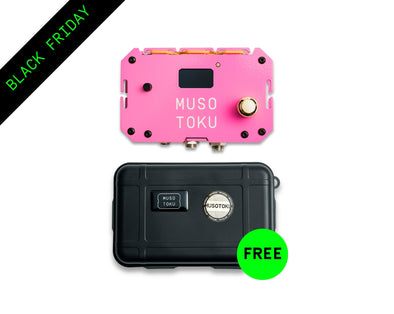 Pink and black electronic device with 'MUSO TOKU' branding on a white background, featuring a 'Black Friday' banner.
