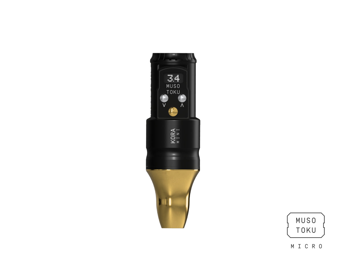 MUSOTOKU KORA MINI wireless PMU machine with black body and gold grip, front view