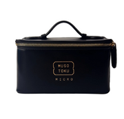 A black faux-leather cosmetic bag with a top handle, gold zipper, and gold logo on the front reading 'MUSOTOKU MICRO'.